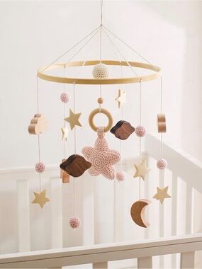 Wooden & Crochet Star Baby Mobile - Pink & Natural